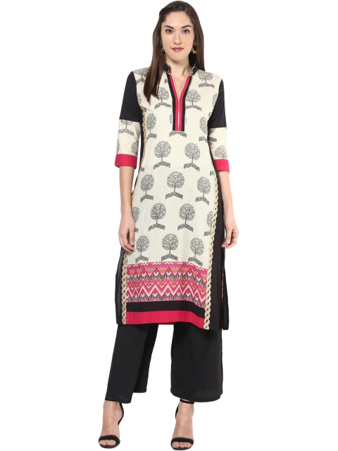 

StyleStone Women Peach-Coloured & Black Geometric Printed Pure Cotton Kurta