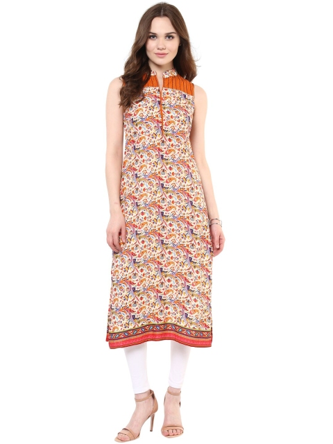 

StyleStone Women Orange & Beige Paisley Printed Thread Work Straight Kurta