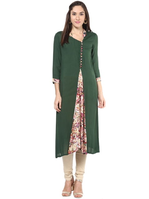 

StyleStone Women Olive Green & White Floral Printed Pure Cotton Kurta