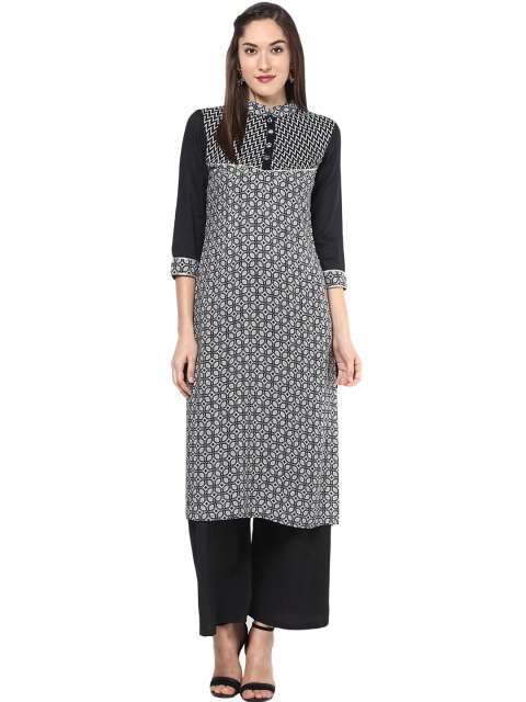 

StyleStone Women Black Geometric Printed Pure Cotton Straight Kurta
