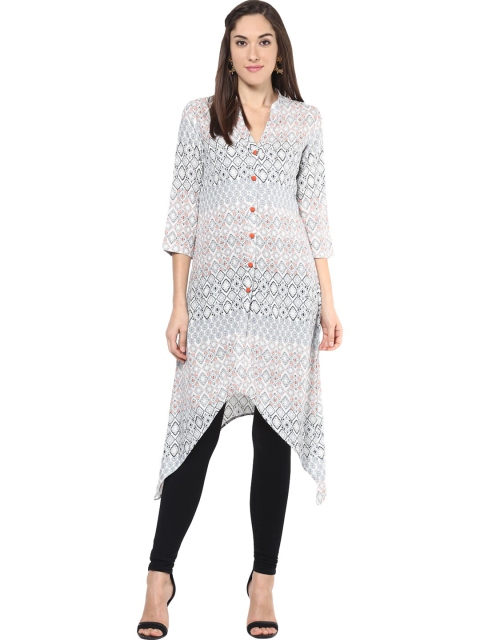 

StyleStone White Geometric Printed V-Neck Pure Cotton Kurti