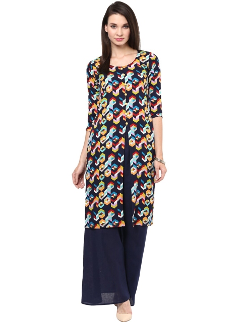 

StyleStone Women Navy Blue & Multicoloured Printed Pure Cotton Kurti