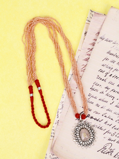 

SANGEETA BOOCHRA Silver-Toned & Peach-Coloured Beaded & Stone Studded Pendent Necklace