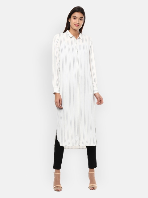 

Allen Solly Woman White & Grey Shirt Collar Striped Tunic