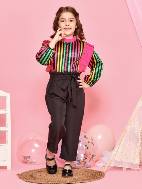 

LilPicks Girls Black & Pink Striped Ruffled Top with Trousers