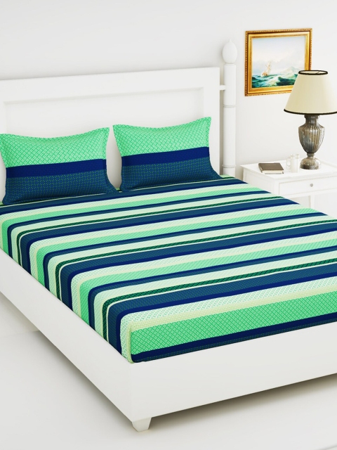 

BIANCA Blue & Green Striped 144 TC Pure Cotton Queen Bedsheet with 2 Pillow Covers