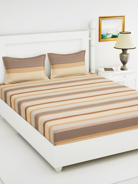 

BIANCA Pure Cotton Beige & Brown Striped 144 TC Queen Bedsheet With 2 Pillow Covers