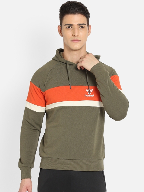 

hummel Men Olive Green Striped Hooded Cotton Sweatshirt