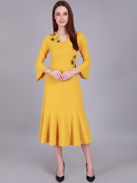 

CAMLA Mustard Yellow Embellished Sheath Midi Dress