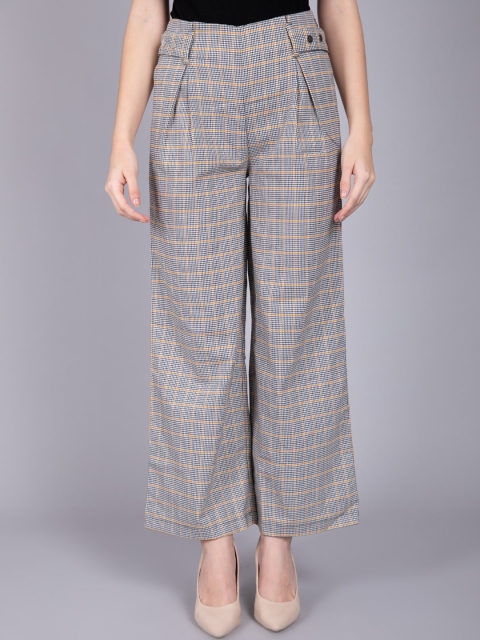 

CAMLA Women Mustard Yellow Checked Straight Fit Pleated Parallel Trousers