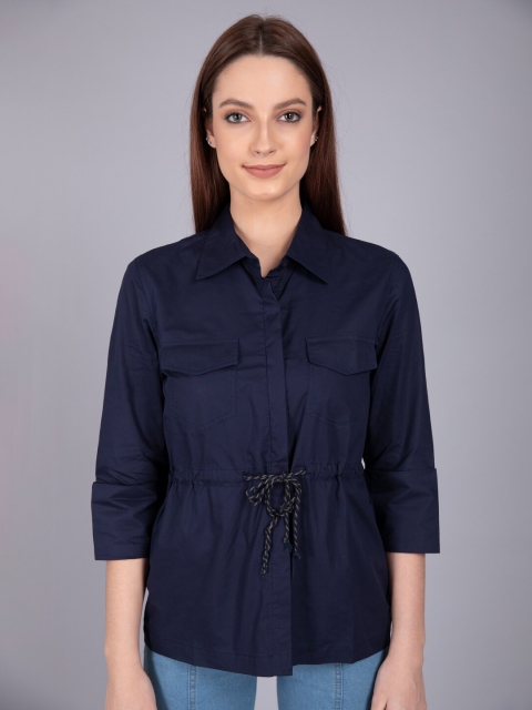 

CAMLA Navy Blue Solid Waist Tie-Ups Shirt Style Top