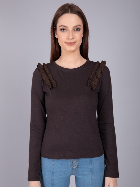 

CAMLA Brown Solid Ruffles Regular Top