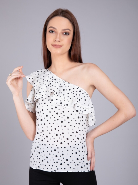 

CAMLA White & Black Polka Dots Printed One Shoulder Ruffles Blouson Top