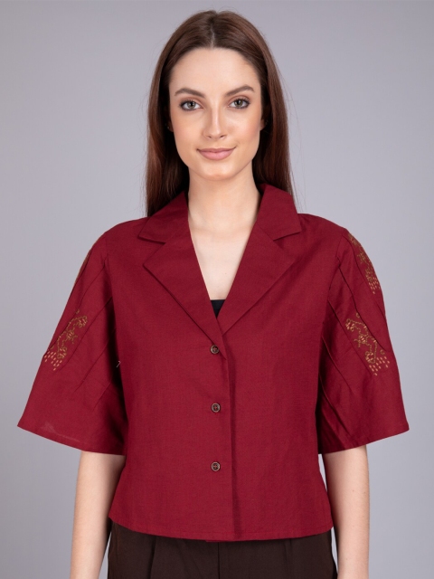 

CAMLA Maroon Embroidered Shirt Style Crop Top