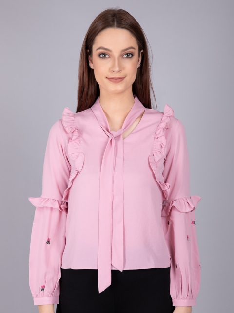 

CAMLA Pink Tie-Up Neck Ruffles Blouson Top