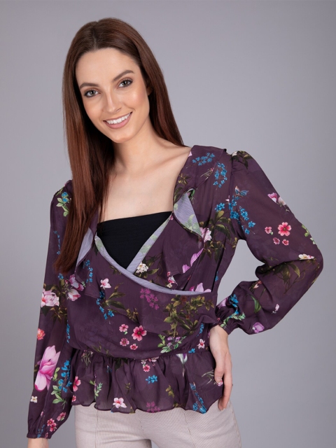 

CAMLA Purple Floral Ruffles Wrap Top