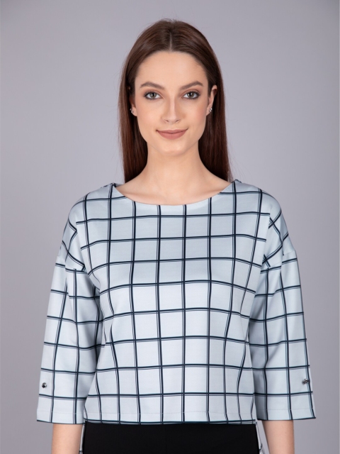 

CAMLA Women Grey Checked Extended Sleeves Blouson Crop Top