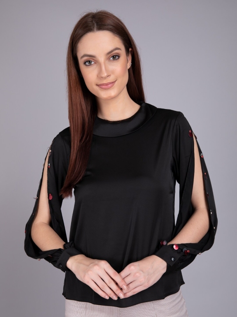 

CAMLA Black Solid Blouson Slit Sleeve Top