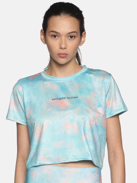 

AESTHETIC NATION Women Teal & Peach-Coloured Tie and Dye Round neck Loose T-shirt