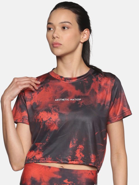 

AESTHETIC NATION Women Red & Brown Printed Loose T-shirt