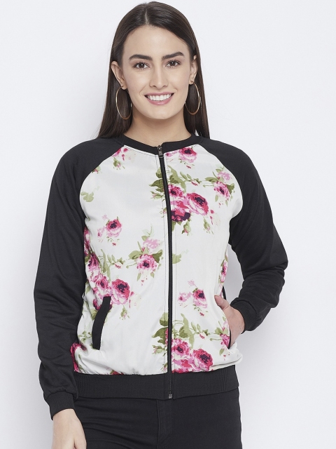 

PURYS Women Black Multicoloured Floral Printed Bomber Jacket