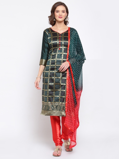 

SERONA FABRICS Green & Red Chanderi Jacquard Bandhani Print Unstitched Dress Material