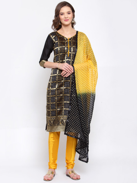 

SERONA FABRICS Black & Yellow Chanderi Jacquard Bandhani Print Unstitched Dress Material