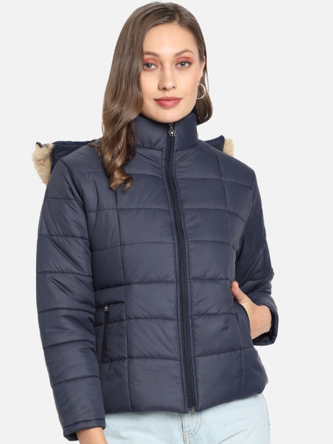 

The Dry State Women Navy Blue Solid Puffer Jacket With Detachable Hoody
