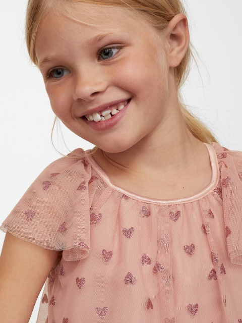 

H&M Girls Pink Heart Printed Butterfly-Sleeved Tulle Dress