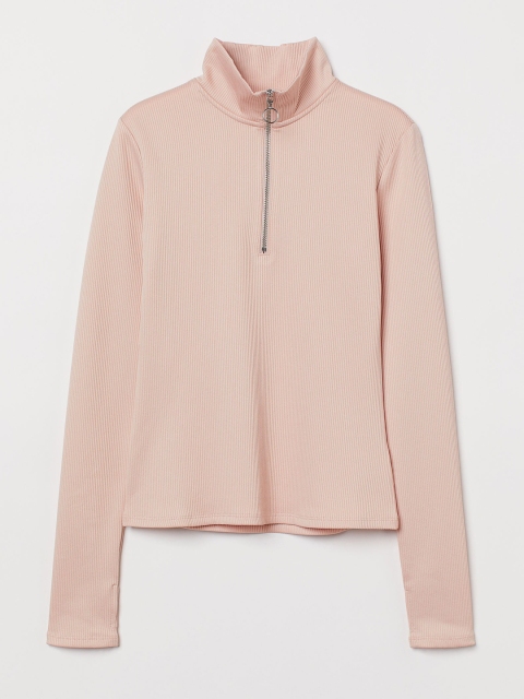 

H&M Women Pink Zip-Up Ribbed Top