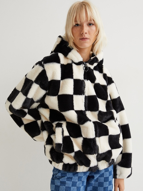 

H&M Women Black & White Checked Faux Fur Hooded Jacket