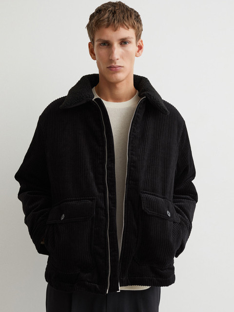 

H&M Men Black Solid Detachable-Collar Corduroy Jacket