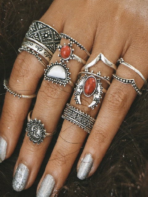 

OOMPH Set Of 14 Oxidised Silver-Plated Bohemian Fashion Ring Set