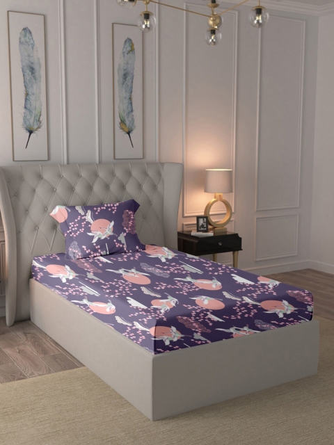 

BLUE DAHLIA Purple & Peach-Coloured Graphic 220 TC Single Bedsheet with 1 Pillow Covers