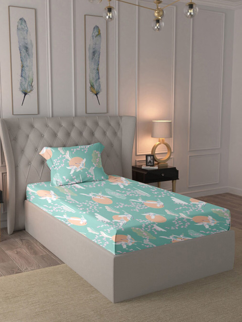 

BLUE DAHLIA Green & Peach-Coloured Graphic 220 TC Single Bedsheet with 1 Pillow Covers