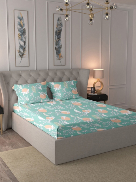 

BLUE DAHLIA Green & Peach-Coloured Graphic 220 TC King Bedsheet with 2 Pillow Covers