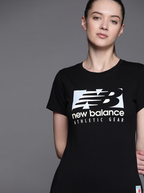 

New Balance Women Black & White Brand Logo Printed Pure Cotton T-shirt