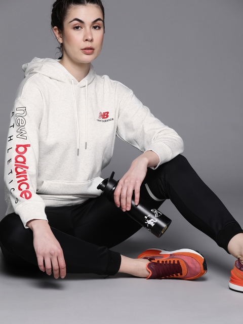 

New Balance Women Off White Melange Effect Pure Cotton Hooded Sweatshirt