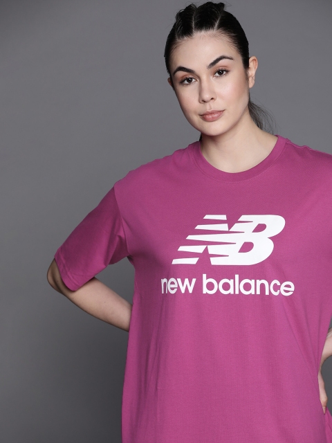 

New Balance Women Purple & White Brand Logo Printed Drop-Shoulder Sleeves Pure Cotton T-shirt