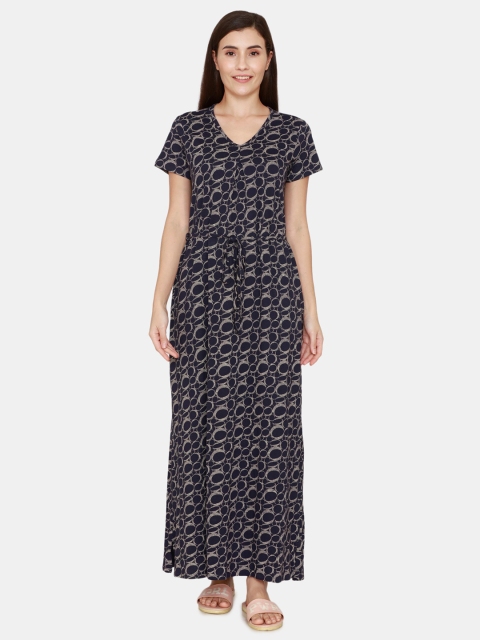 

Zivame Navy Blue Printed Maxi Nightdress