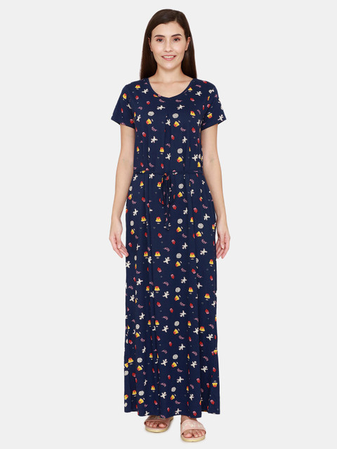 

Zivame Navy Blue Printed Maxi Nightdress