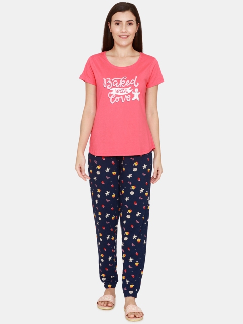 

Zivame Women Navy Blue & Pink Printed Pure Cotton Night suit