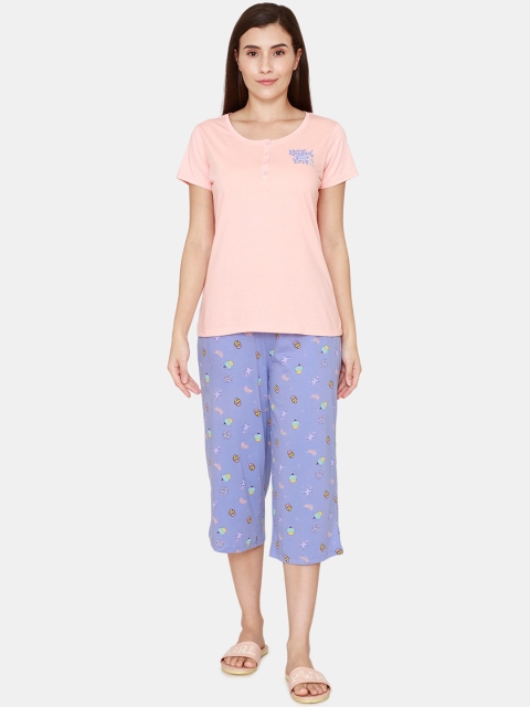 

Zivame Women Purple & Peach-Coloured Printed Night suit