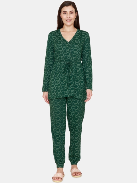 

Zivame Women Green Abstract Printed Pure Cotton 2 Pc Night Suit