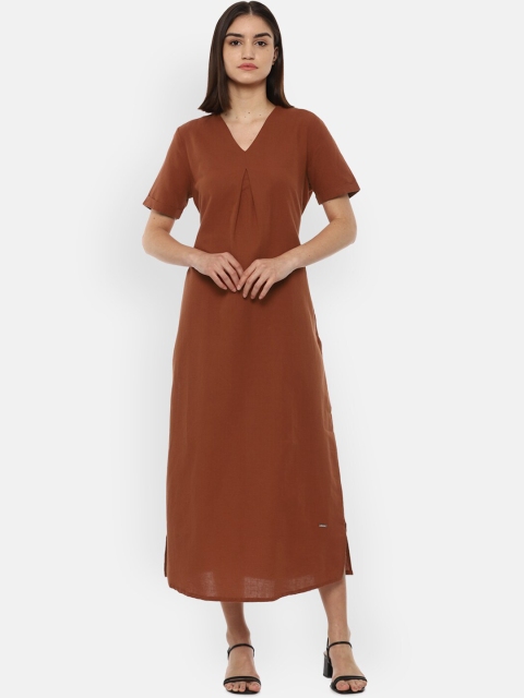 

Van Heusen Woman Brown Solid V-neck Linen Midi Dress