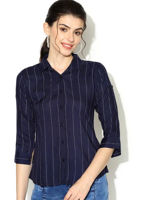 

V2 Value & Variety Women Navy Blue Opaque Striped Casual Shirt
