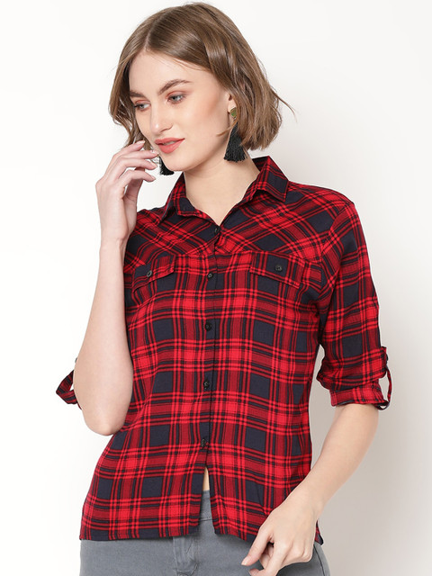 

V2 Value & Variety Women Red Tartan Checks Opaque Casual Shirt