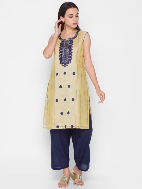 

ZOLA Women Navy Blue & Beige Embroidered Chanderi Silk Kurta with Salwar