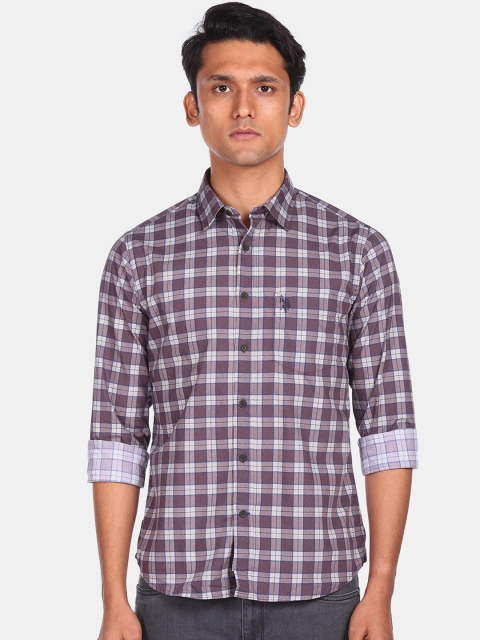 

U S Polo Assn Men Purple Tartan Checks Opaque Cotton Casual Shirt