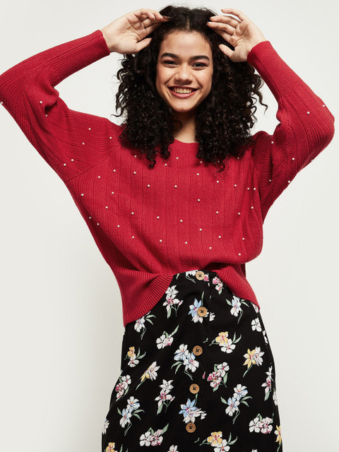 

max Women Red & White Ribbed Pullover with Embellished Detail